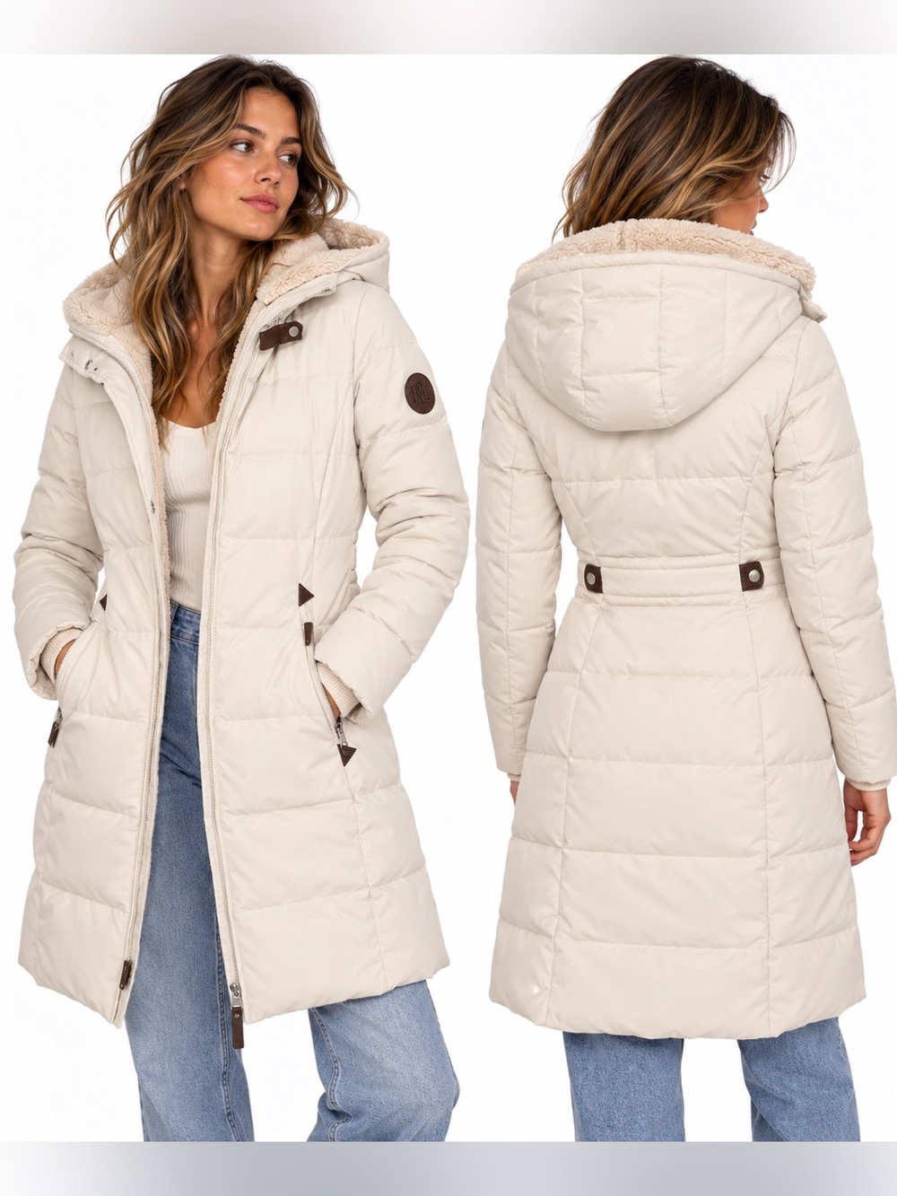 Lauren Ralph Lauren Down Puffer Coat S Cream Sherpa Hood Long Winter Jacket